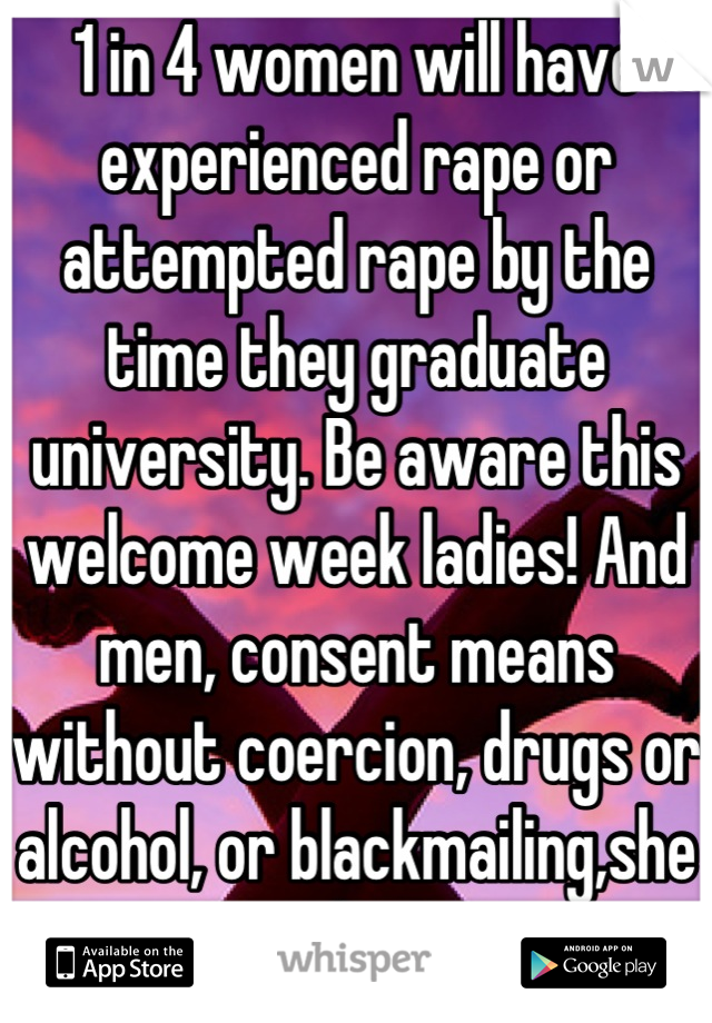 1 in 4 women will have experienced rape or attempted rape by the time they graduate university. Be aware this welcome week ladies! And men, consent means without coercion, drugs or alcohol, or blackmailing,she said YES.