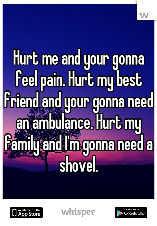 Hurt me and your gonna feel pain. Hurt my best friend and your gonna need an ambulance. Hurt my family and I'm gonna need a shovel.