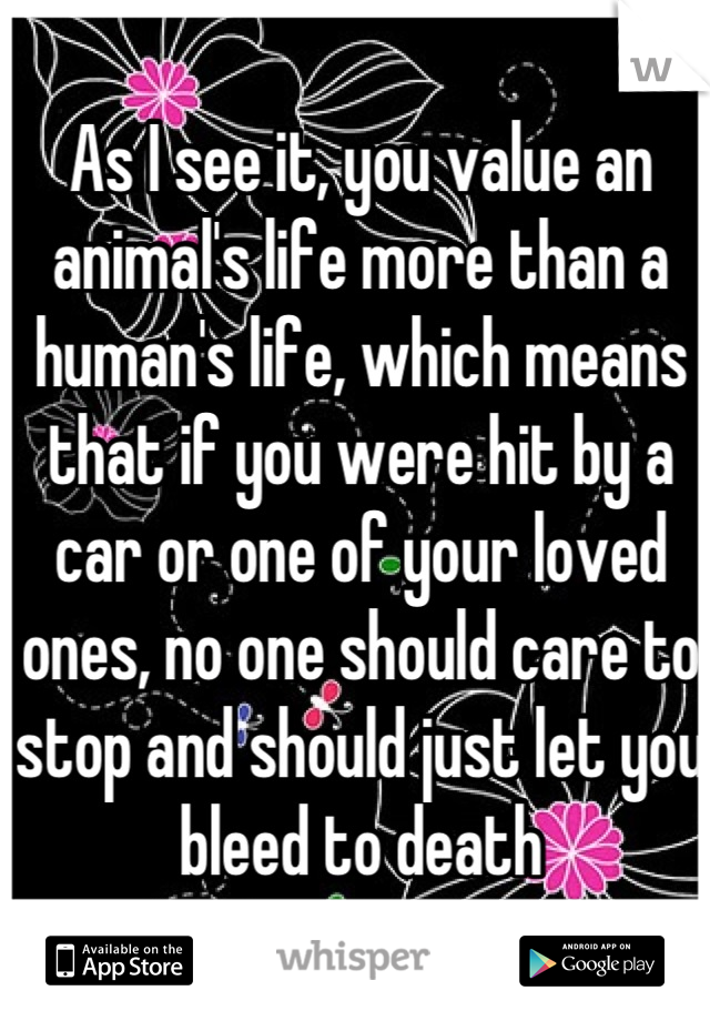 As I see it, you value an animal's life more than a human's life, which means that if you were hit by a car or one of your loved ones, no one should care to stop and should just let you bleed to death