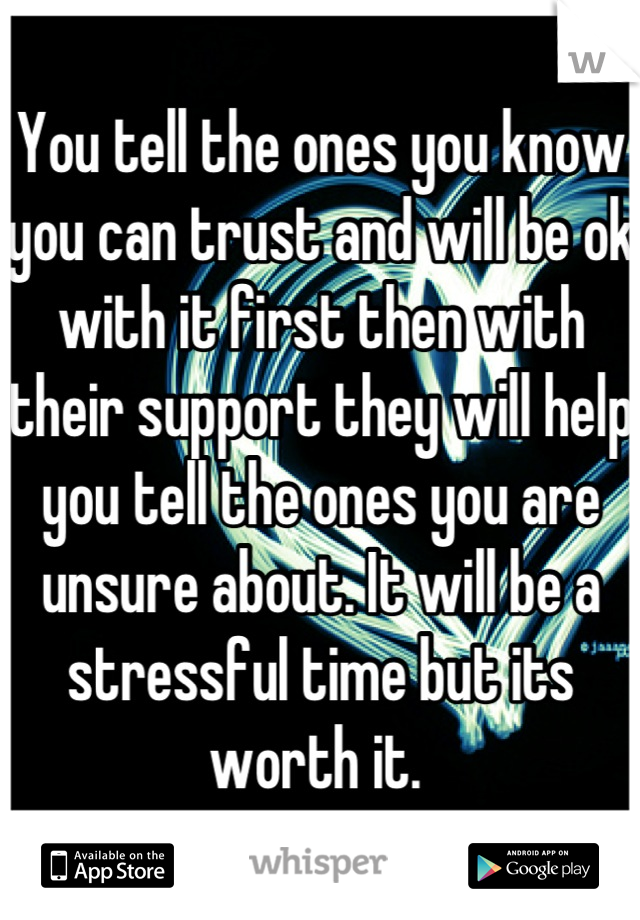 You tell the ones you know you can trust and will be ok with it first then with their support they will help you tell the ones you are unsure about. It will be a stressful time but its worth it. 