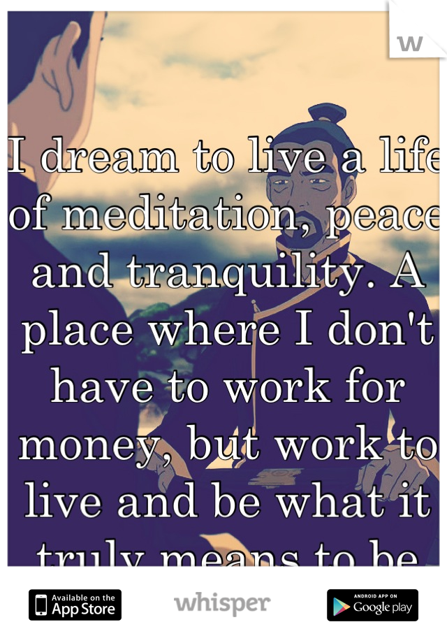 I dream to live a life of meditation, peace and tranquility. A place where I don't have to work for money, but work to live and be what it truly means to be human...