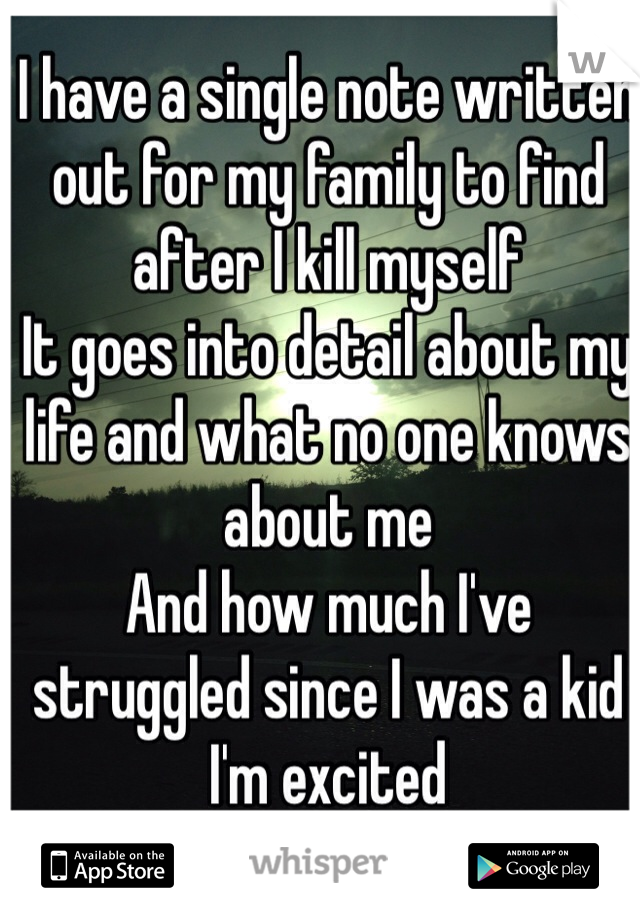 I have a single note written out for my family to find after I kill myself
It goes into detail about my life and what no one knows about me
And how much I've struggled since I was a kid
I'm excited


