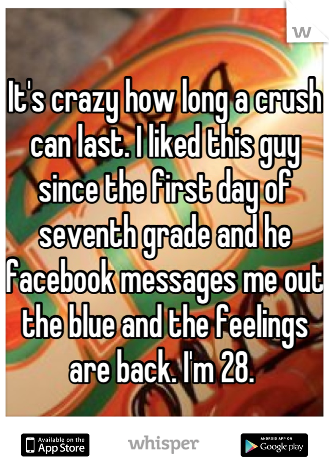 It's crazy how long a crush can last. I liked this guy since the first day of seventh grade and he facebook messages me out the blue and the feelings are back. I'm 28. 