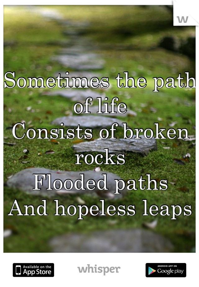 Sometimes the path of life
Consists of broken rocks 
Flooded paths 
And hopeless leaps
