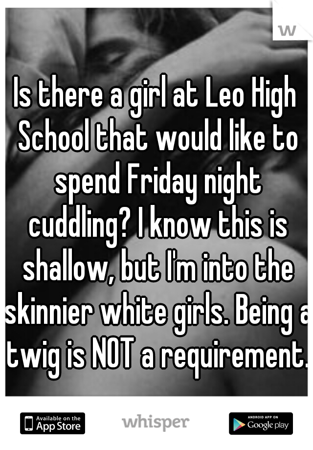 Is there a girl at Leo High School that would like to spend Friday night cuddling? I know this is shallow, but I'm into the skinnier white girls. Being a twig is NOT a requirement. 