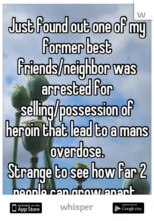 Just found out one of my former best friends/neighbor was arrested for selling/possession of heroin that lead to a mans overdose.
Strange to see how far 2 people can grow apart. 