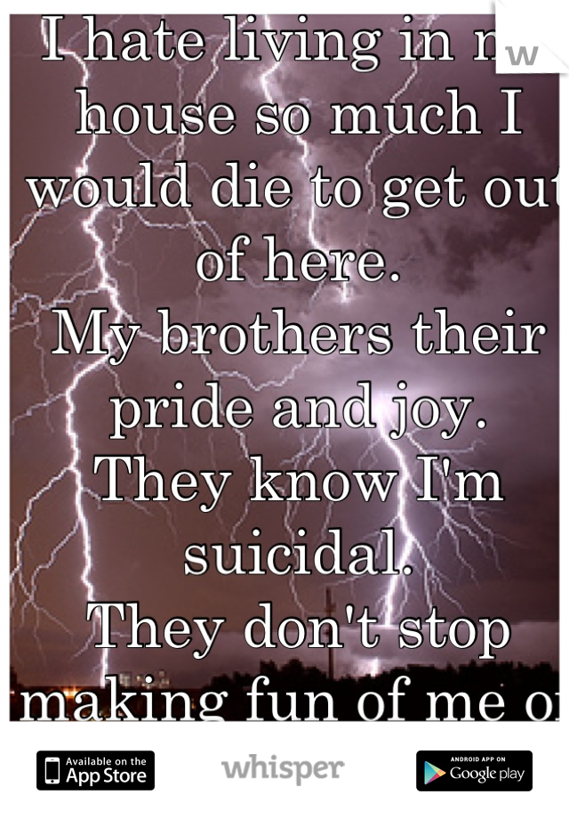 I hate living in my house so much I would die to get out of here.
My brothers their pride and joy.
They know I'm suicidal.
They don't stop making fun of me or ignoring me.
They don't care.

