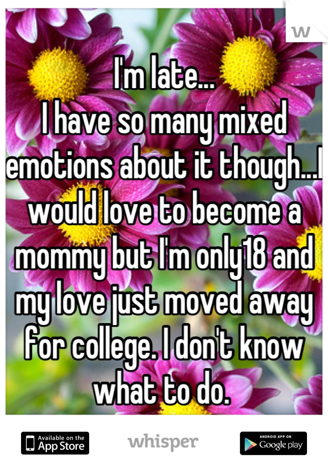 I'm late...
I have so many mixed emotions about it though...I would love to become a mommy but I'm only18 and my love just moved away for college. I don't know what to do. 