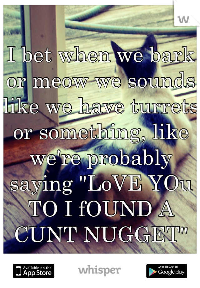 I bet when we bark or meow we sounds like we have turrets or something, like we're probably saying "LoVE YOu TO I fOUND A CUNT NUGGET"