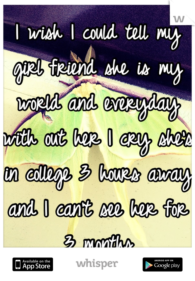 I wish I could tell my girl friend she is my world and everyday with out her I cry she's in college 3 hours away and I can't see her for 3 months
