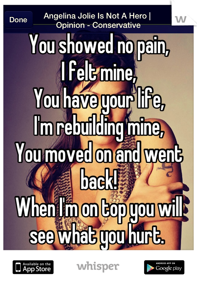 You showed no pain,
I felt mine, 
You have your life, 
I'm rebuilding mine,
You moved on and went back! 
When I'm on top you will see what you hurt. 