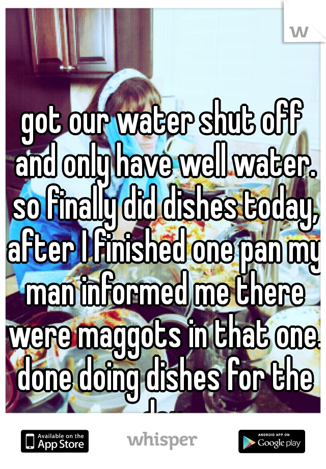 got our water shut off and only have well water. so finally did dishes today, after I finished one pan my man informed me there were maggots in that one. done doing dishes for the day.