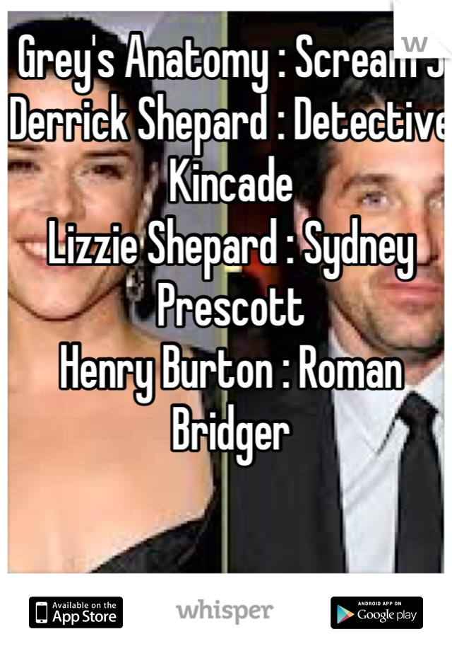 Grey's Anatomy : Scream 3
Derrick Shepard : Detective Kincade
Lizzie Shepard : Sydney Prescott 
Henry Burton : Roman Bridger