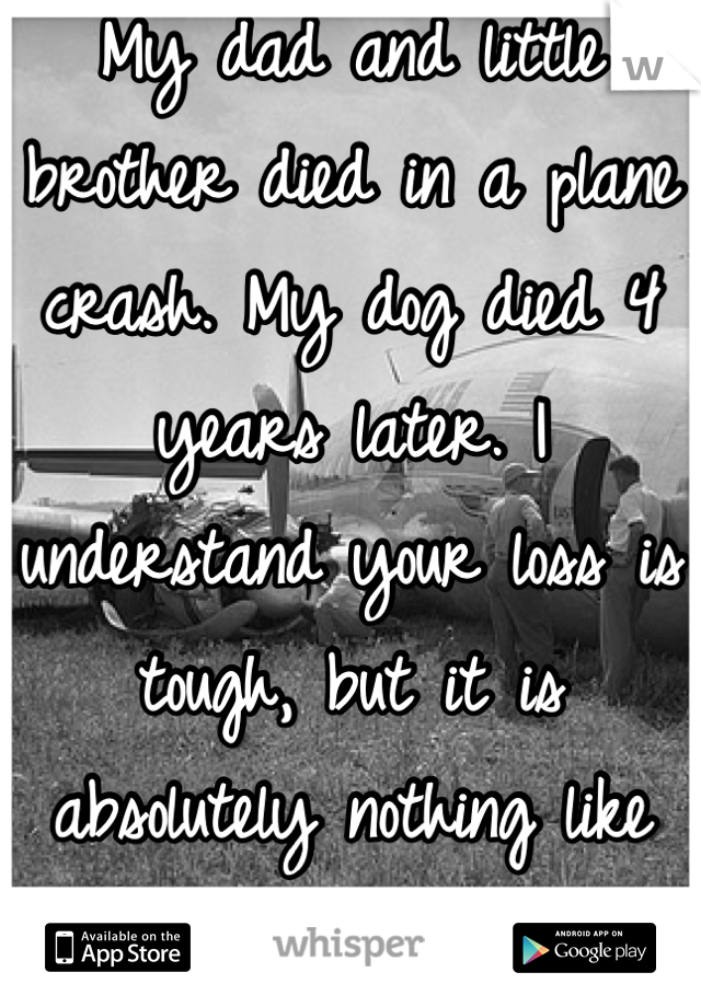 My dad and little brother died in a plane crash. My dog died 4 years later. I understand your loss is tough, but it is absolutely nothing like losing a family member. 