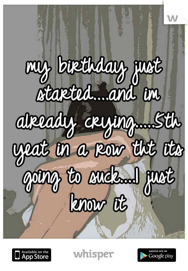 my birthday just started....and im already crying.....5th yeat in a row tht its going to suck....I just know it