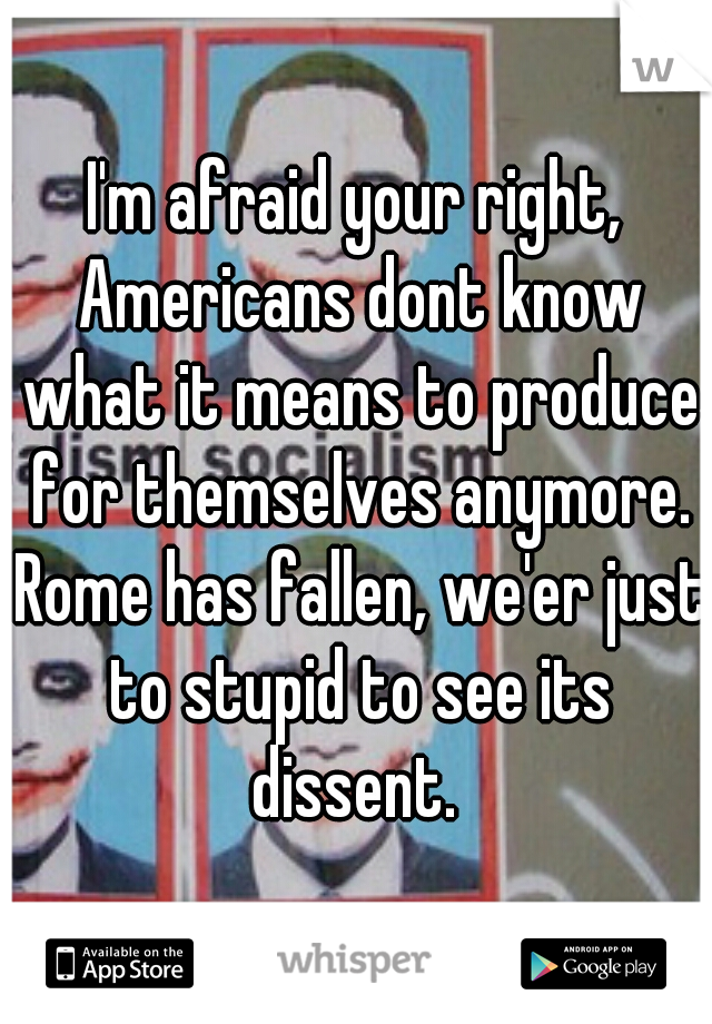 I'm afraid your right, Americans dont know what it means to produce for themselves anymore. Rome has fallen, we'er just to stupid to see its dissent. 