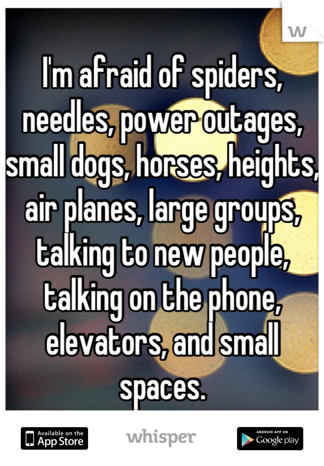 I'm afraid of spiders, needles, power outages, small dogs, horses, heights, air planes, large groups, talking to new people, talking on the phone, elevators, and small spaces.