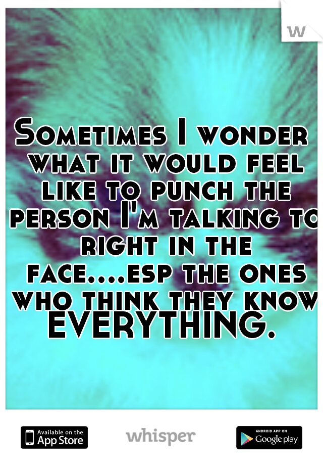 Sometimes I wonder what it would feel like to punch the person I'm talking to right in the face....esp the ones who think they know EVERYTHING. 