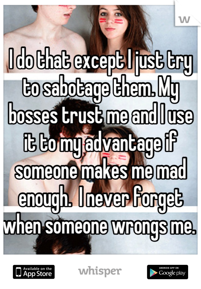 I do that except I just try to sabotage them. My bosses trust me and I use it to my advantage if someone makes me mad enough.  I never forget when someone wrongs me. 