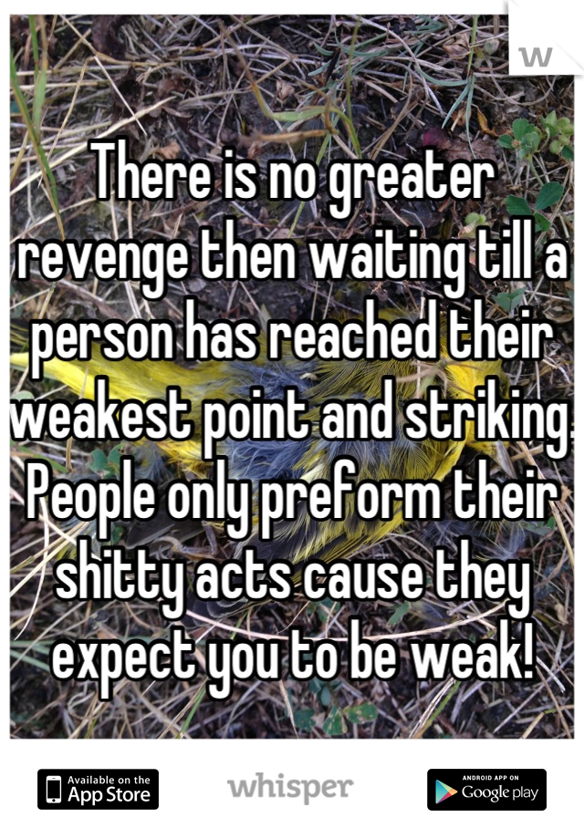 There is no greater revenge then waiting till a person has reached their weakest point and striking. People only preform their shitty acts cause they expect you to be weak!