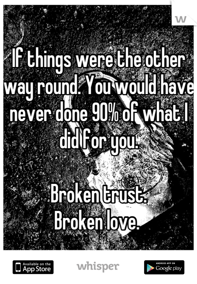 If things were the other way round. You would have never done 90% of what I did for you. 

Broken trust. 
Broken love. 
