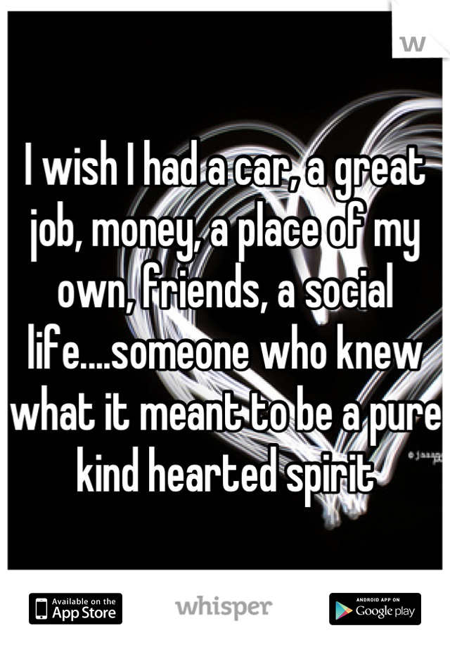 I wish I had a car, a great job, money, a place of my own, friends, a social life....someone who knew what it meant to be a pure kind hearted spirit