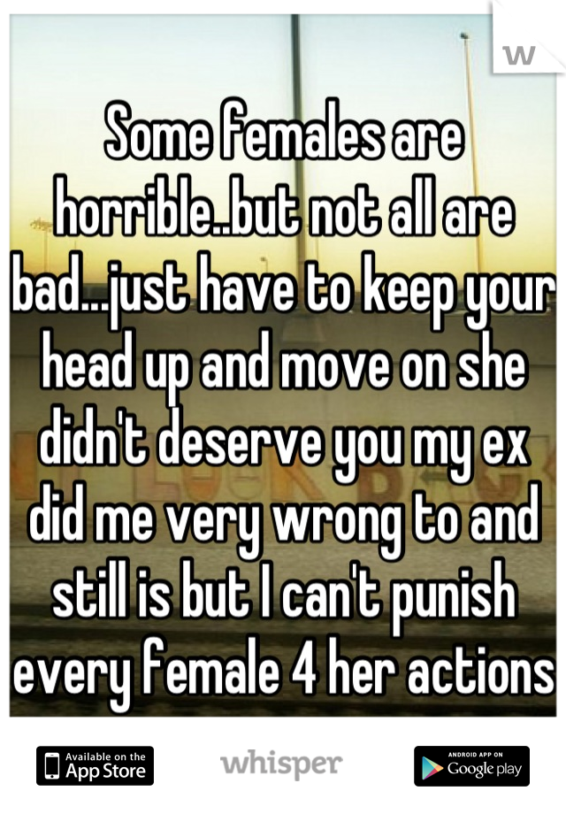 Some females are horrible..but not all are bad...just have to keep your head up and move on she didn't deserve you my ex did me very wrong to and still is but I can't punish every female 4 her actions