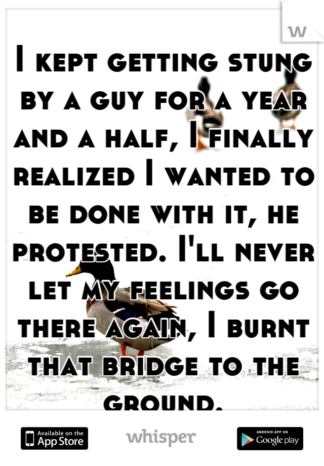 I kept getting stung by a guy for a year and a half, I finally realized I wanted to be done with it, he protested. I'll never let my feelings go there again, I burnt that bridge to the ground.