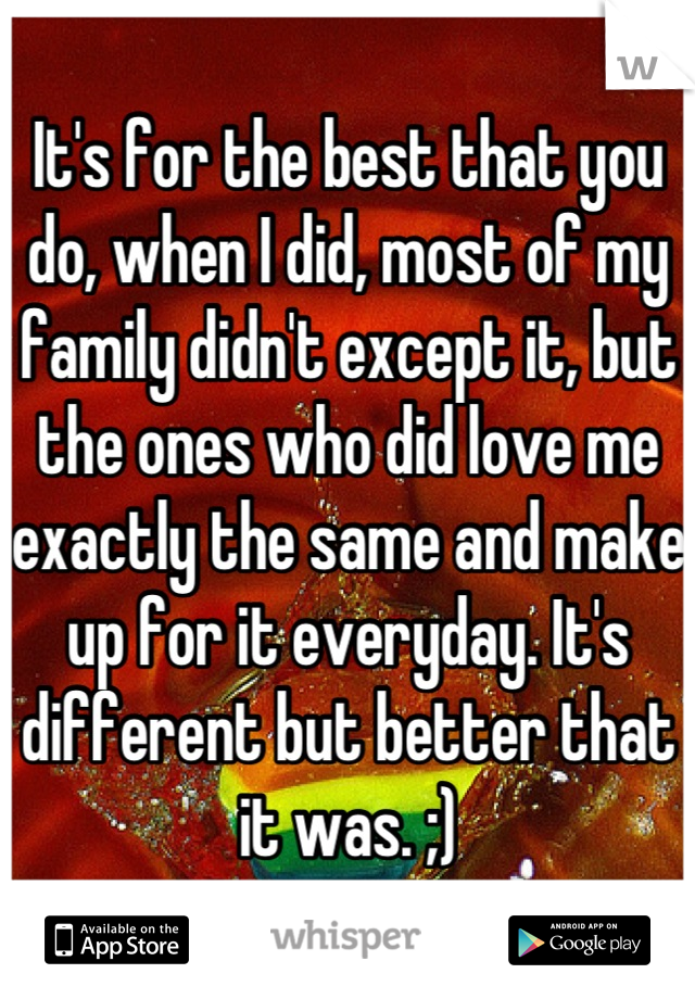 It's for the best that you do, when I did, most of my family didn't except it, but the ones who did love me exactly the same and make up for it everyday. It's different but better that it was. ;)
