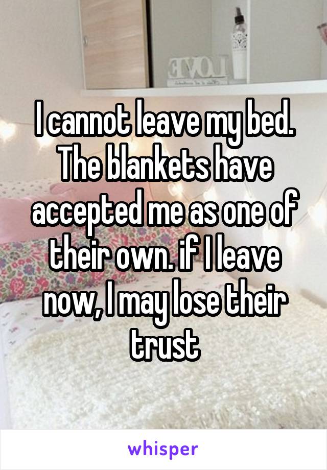 I cannot leave my bed. The blankets have accepted me as one of their own. if I leave now, I may lose their trust