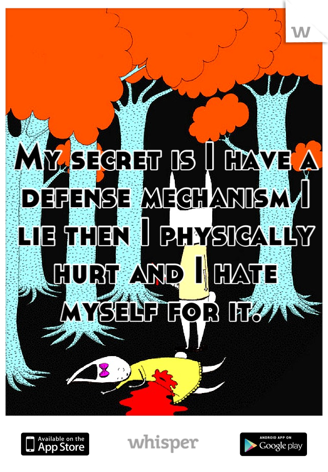 My secret is I have a defense mechanism I lie then I physically hurt and I hate myself for it. 