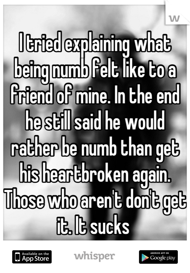 I tried explaining what being numb felt like to a friend of mine. In the end he still said he would rather be numb than get his heartbroken again. Those who aren't don't get it. It sucks 