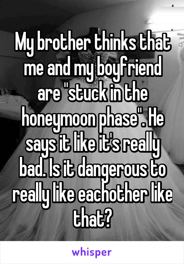 My brother thinks that me and my boyfriend are "stuck in the honeymoon phase". He says it like it's really bad. Is it dangerous to really like eachother like that?