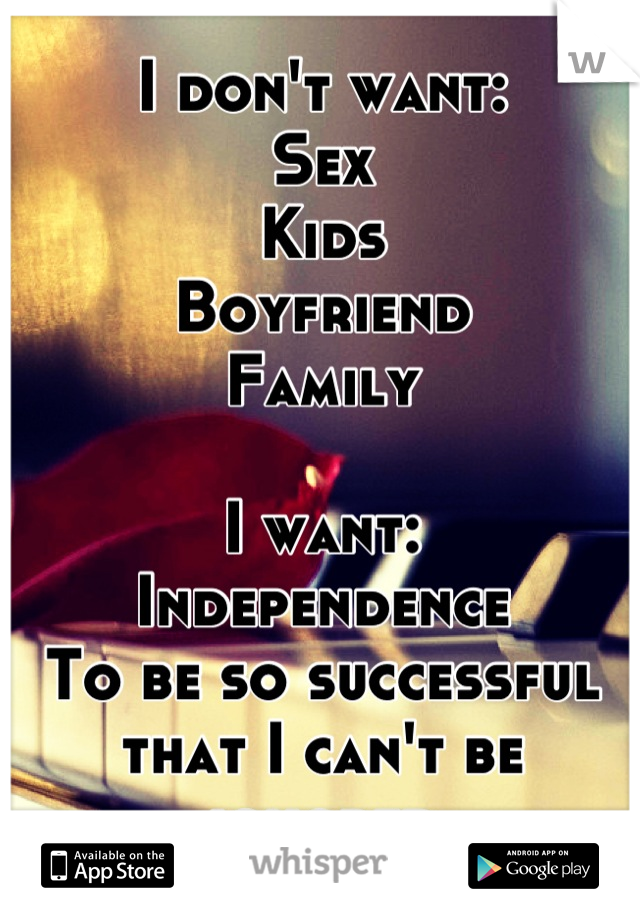I don't want:
Sex
Kids
Boyfriend
Family

I want:
Independence
To be so successful that I can't be ignored