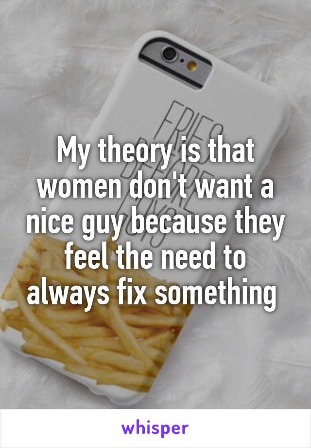 My theory is that women don't want a nice guy because they feel the need to always fix something 