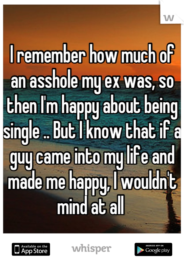 I remember how much of an asshole my ex was, so then I'm happy about being single .. But I know that if a guy came into my life and made me happy, I wouldn't mind at all 
