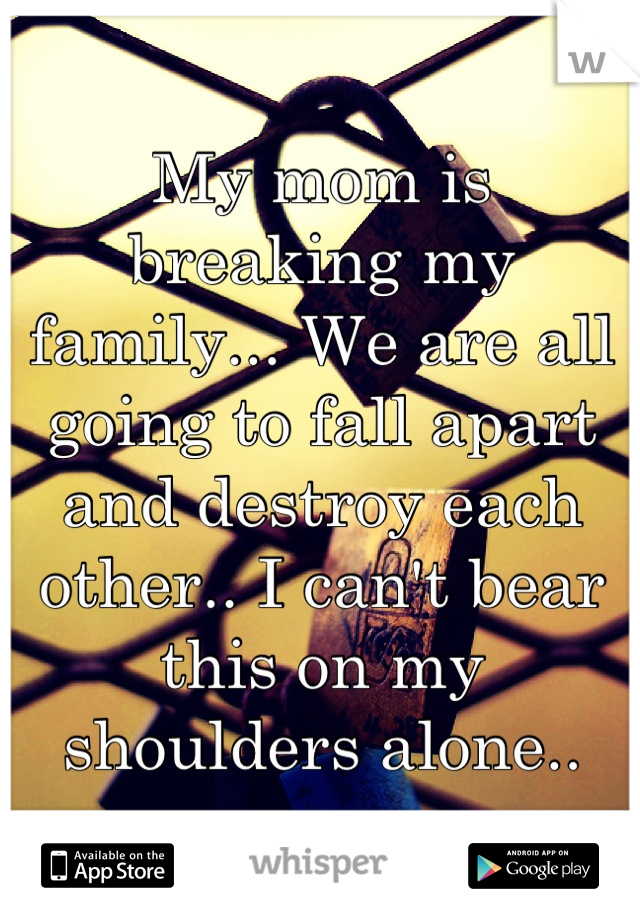 My mom is breaking my family... We are all going to fall apart and destroy each other.. I can't bear this on my shoulders alone..