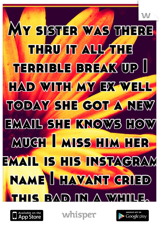 My sister was there thru it all the terrible break up I had with my ex well today she got a new email she knows how much I miss him her email is his instagram name I havant cried this bad in a while.