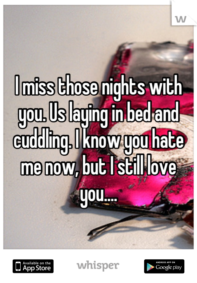 I miss those nights with you. Us laying in bed and cuddling. I know you hate me now, but I still love you....