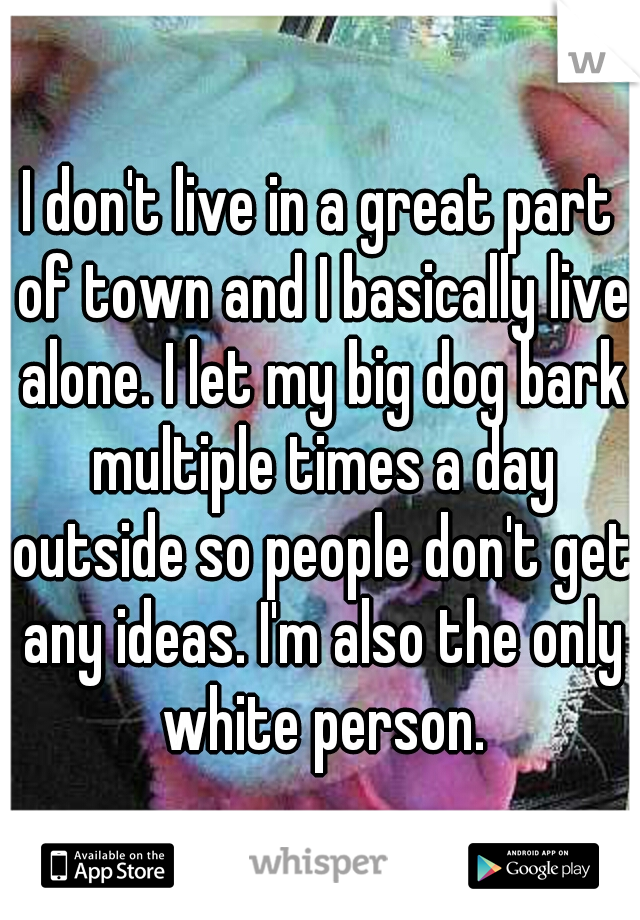 I don't live in a great part of town and I basically live alone. I let my big dog bark multiple times a day outside so people don't get any ideas. I'm also the only white person.