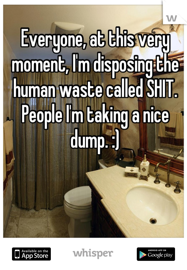 Everyone, at this very moment, I'm disposing the human waste called SHIT. People I'm taking a nice dump. :)