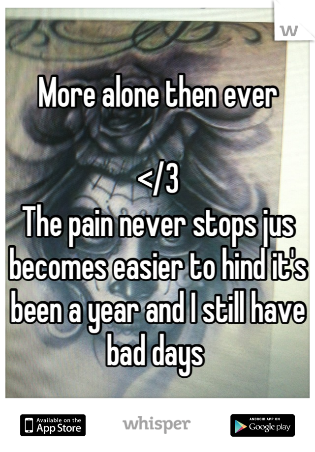 More alone then ever

</3 
The pain never stops jus becomes easier to hind it's been a year and I still have bad days 