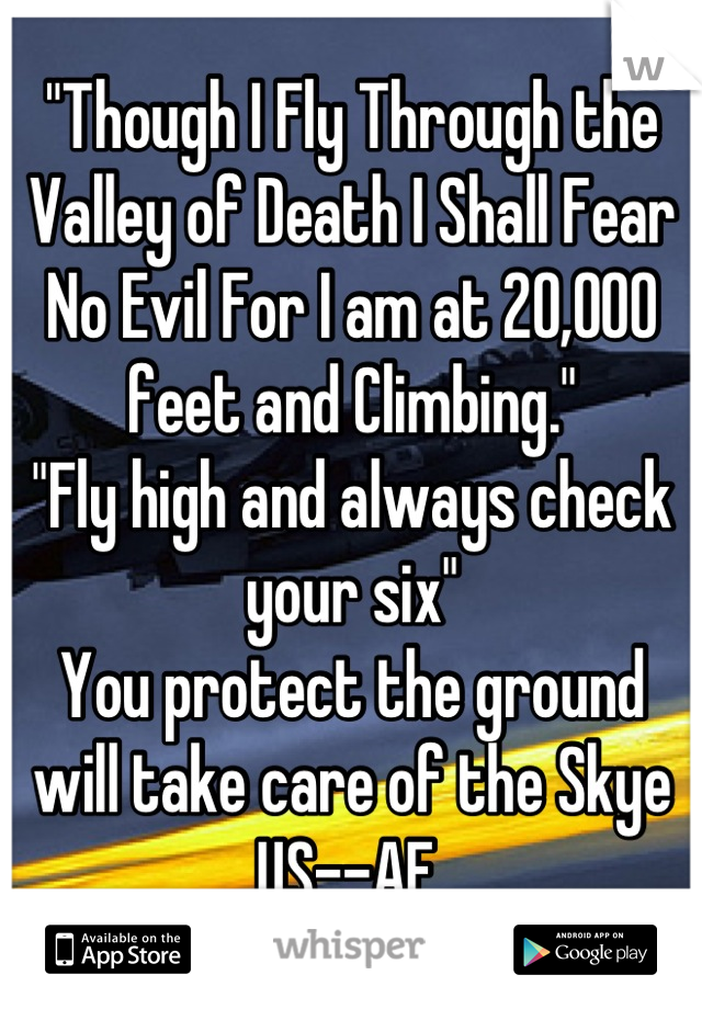 "Though I Fly Through the Valley of Death I Shall Fear No Evil For I am at 20,000 feet and Climbing."
"Fly high and always check your six"
You protect the ground will take care of the Skye US--AF 