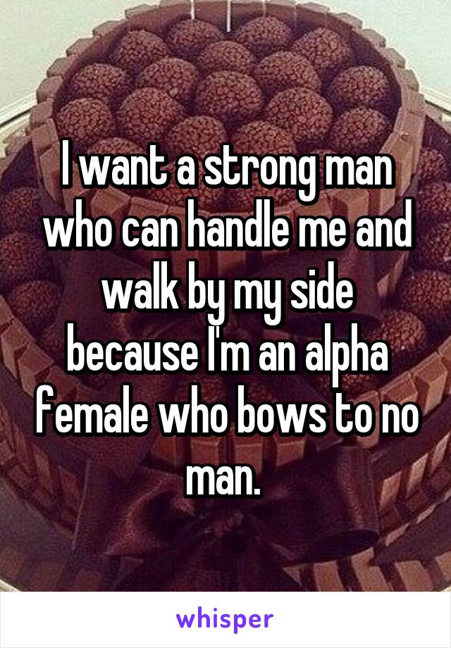 I want a strong man who can handle me and walk by my side because I'm an alpha female who bows to no man. 