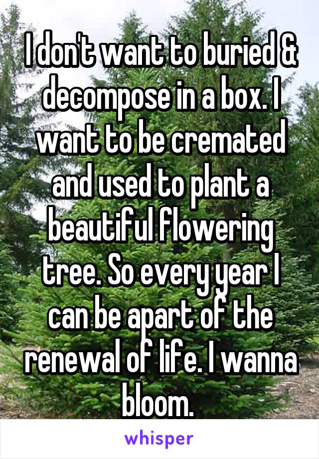 I don't want to buried & decompose in a box. I want to be cremated and used to plant a beautiful flowering tree. So every year I can be apart of the renewal of life. I wanna bloom. 