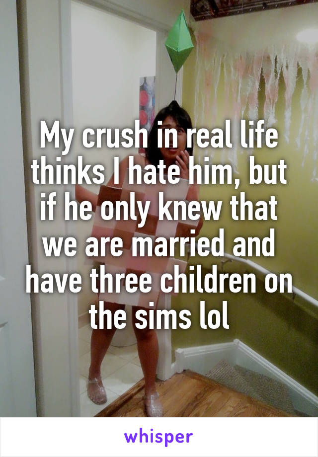 My crush in real life thinks I hate him, but if he only knew that we are married and have three children on the sims lol