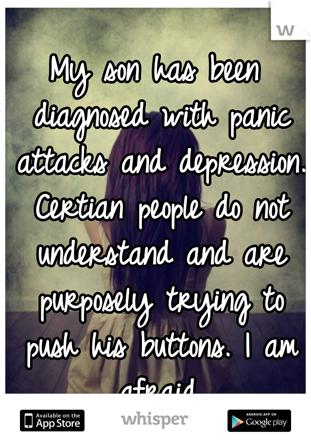 My son has been diagnosed with panic attacks and depression. Certian people do not understand and are purposely trying to push his buttons. I am afraid.