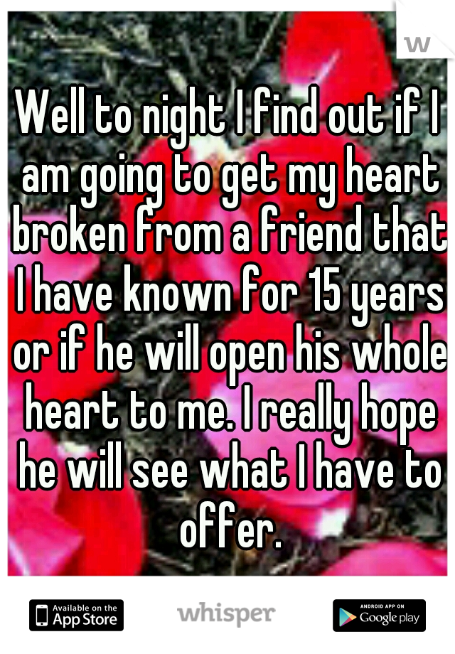 Well to night I find out if I am going to get my heart broken from a friend that I have known for 15 years or if he will open his whole heart to me. I really hope he will see what I have to offer.