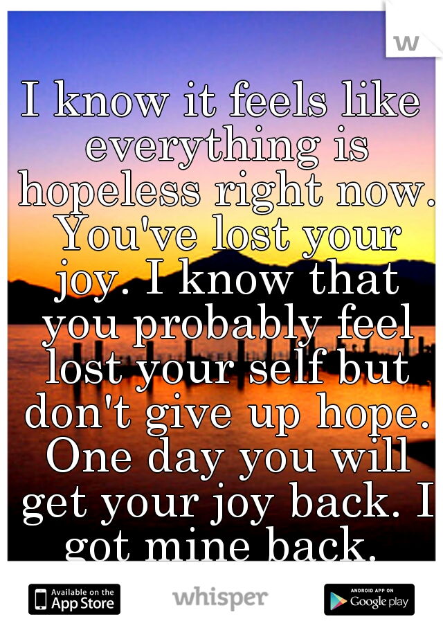 I know it feels like everything is hopeless right now. You've lost your joy. I know that you probably feel lost your self but don't give up hope. One day you will get your joy back. I got mine back. 