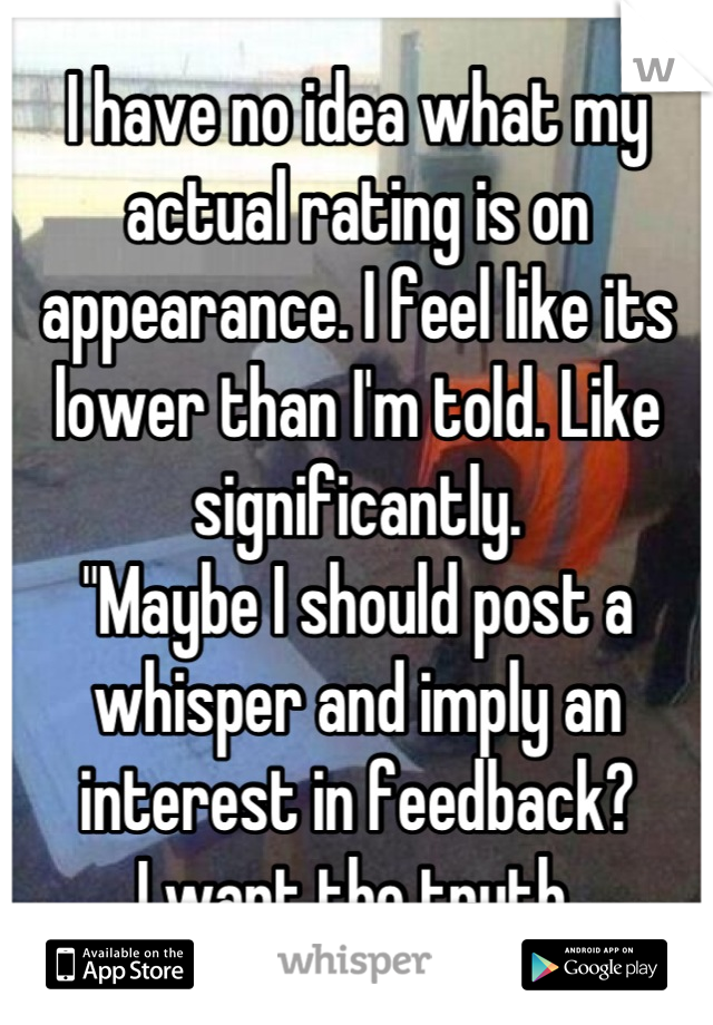 I have no idea what my actual rating is on appearance. I feel like its lower than I'm told. Like significantly.
"Maybe I should post a whisper and imply an interest in feedback?
I want the truth.
